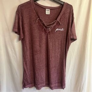 Pink Victoria Secret Lace Up V Neck t-Shirt heathered burgundy size small
